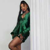 Fur Tie Front Top Bodycon Mini Skirt Matching Set - Emerald Green